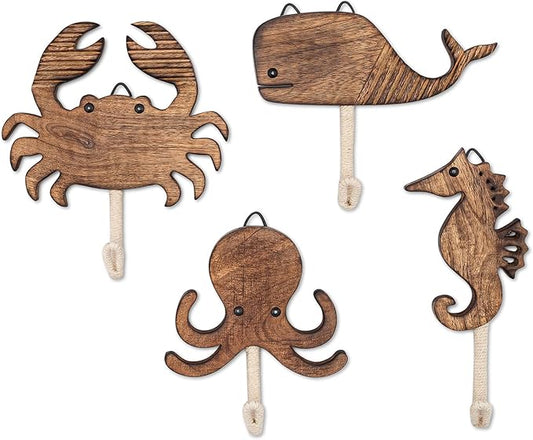 Crane Baby Sea Life Wooden Wall Hooks - Set of 4 Wooden Ocean Nursery Decor Towel Hooks