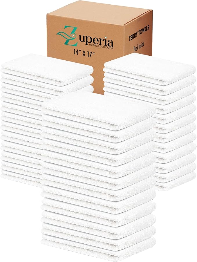 ZUPERIA Terry Towels Pack of 120 (14" X 17" Inches) 100% Cotton Terry Barmop Towels - Absorbent & Durable Bar Rags, Multipurpose Cleaning Rags for Home, Automotive & Garage Cleaning Supplies (White)