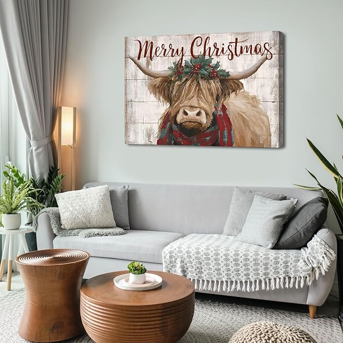 Merry Christmas Wall Art Farmhouse Highland Cow Pictures Wall Decor for Living Room Rustic Country Farm Animal Canvas Prints Vintage Christmas Artwork for Kitchen Dining Room Home Decorations 32x48"