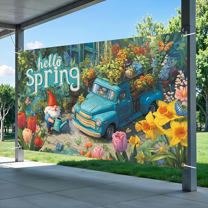 Hello Spring Backdrop 71'' x 43'' Hello Spring Banner Gnome Daisy Butterfly Backdrop Decorations for Photography Background Photo Prop Booth Party Decor