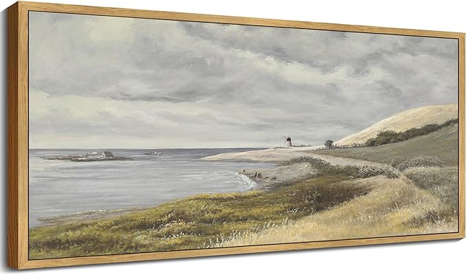 SHENIFY Vintage Framed Wall Art Coastal Seascape Landscape Painting Retro Meadow Scenery Farmhouse Kitchen Living Room Decor - 8x16in Natural Framed