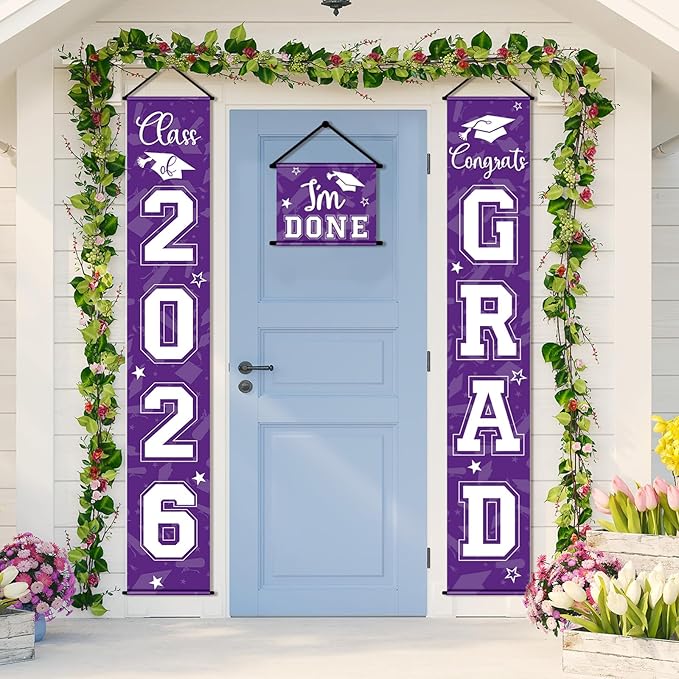 Moukeren 3 Pieces 2026 Graduation Party Decorations Graduation Porch Sign Class of 2026 Grad Hanging Porch Banner Backdrop Door Sign for Grad Party Home Door Wall Decor(Purple)