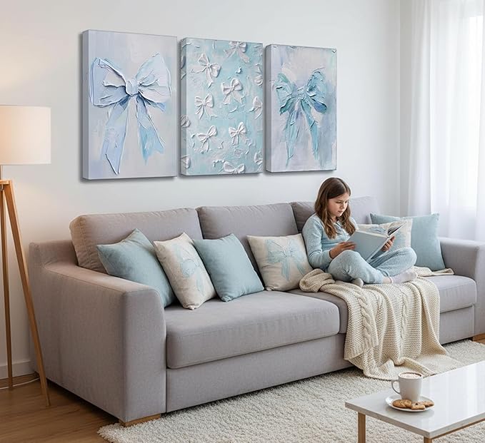 3Pcs Trendy Blue Bow Canvas Wall Art Vintage Cute Preppy Watercolor Bow Painting Pictures Wall Decor Posters Prints Girly Aesthetic for College Apartment Bedroom Decoration