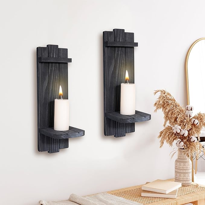 Sconces Wall Decor Set of 2, Wall Candle Holder Rustic Home Decor, Farmhouse Wall Art Floating Candle Sconces Shelf Grey Wall Decorations for Living Room, Dining Room, Bedroom, Bathroom