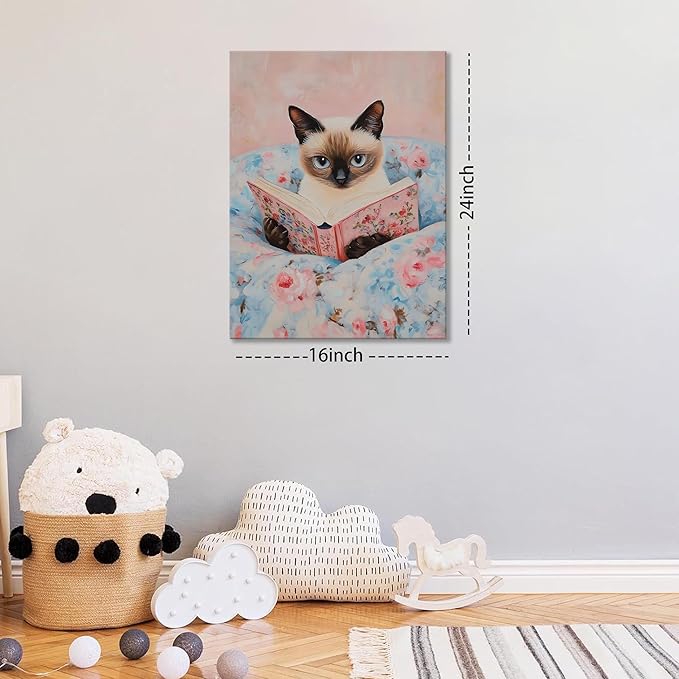 Framed Cat Reading Book Canvas Wall Art, Cute Pink Siamese Cat Wall Decor Print Painting, Funny Animal Lovers Picture for Bedroom Living Room Kids Room Girls Room Home Decor 16x24 Inch