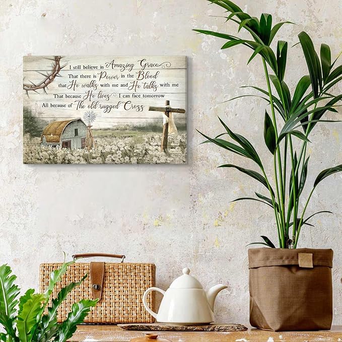 HDXUFJQ Christian Wall Art Barn Windmill Canvas Wall Decor Religious Cross Wall Art I Still Believe In Amazing Grace Picture Print Christian Prayer Decor Paintings Ready To Hang(24"x36")