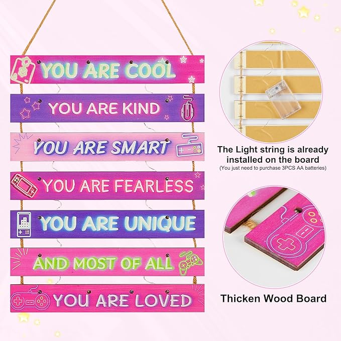 FIOBEE Girls Room Décor for Teen Girls Boys with LED Light Wall Decor for Bedroom Motivational Inspirational Wall Art Girl Room Decoration for Kids Studyroom, 8 Kinds of Lights, Purple Game