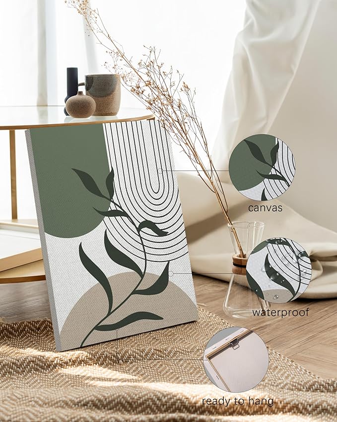 Drsoum Green Botanical Boho Wall Art Framed Modern Sage Bohemian Plant Wall Decor Abstract Geometry Lines Artwork Hallway Bedroom Prints Ready to Hang 12x16in Framed