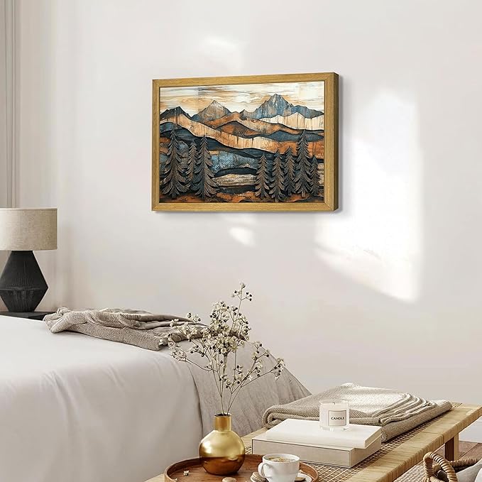 Vintage Boho Mountain Wall Art, Framed Landscape Canvas Wall Art, Nature Forest Wall Decor, Rustic Farmhouse Print Poster Painting for Living Room Bedroom Dining Room 16x24 Inch