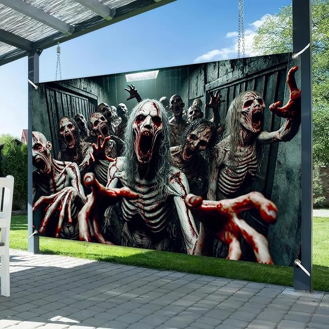 Halloween Banner 71x43 Inch Zombie Backdrop Scary Haunted House Wall Decor for Spooky Halloween Decorations Indoor Outdoor Party Supplies
