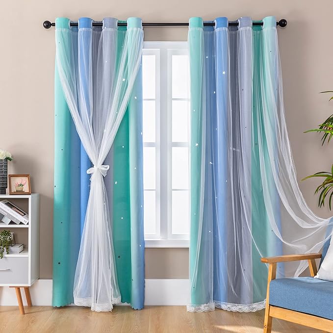 XiDi Curtains for Girls Bedroom Kids Room Unicorn Princess Theme Home Decor 72 inches Length Blue Green Grey, W52 X L72 2 Panels