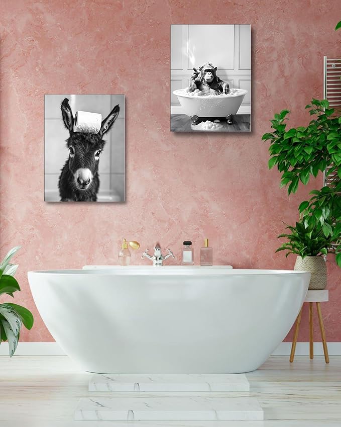 KensTro Funny Bathroom Wall Art Decor,12" x 16" Framed Canvas Bathroom Wall Art Picture,Black and White Chimpanzee in Bathtub Bathing Wall Art Animal Abstract Prints,Wall Decor for Bedroom,1Pack Gift