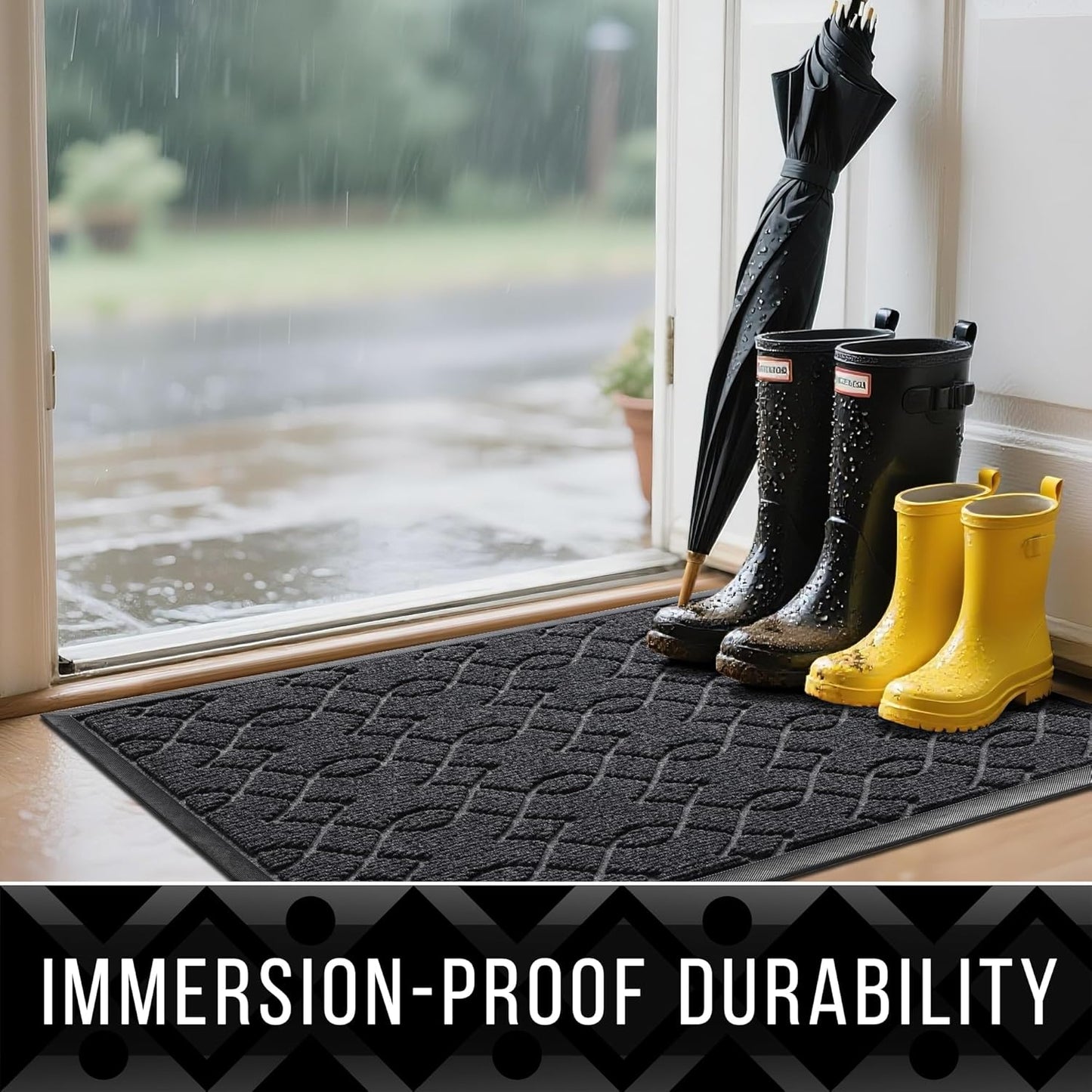 Yimobra Door Mat Outside Entrance, All-Season Front Outdoor Mats, All-Weather Welcome Doormat, Natural Rubber, Stain and Fade Resistant, Low Profile, Easy Clean Patio Porch Mat, 47x24, Black Gray