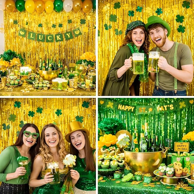 Foil Fringe Curtains st Patricks Day Decorations - Melsan 3 Pack 3.2 x 8.2 ft Gold Tinsel Curtain Party Photo Backdrop for Birthday Party Happy Retirement Baby Shower or Graduation