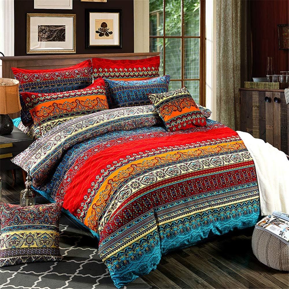 ABREEZE 3Pcs Bohemia Retro Bedding Ethnic Vintage Floral Duvet Cover Boho Bedding 100% Brushed Cotton Bedding Sets Damask Paisley Coloful Mandala Down Comforter Cover,Queen