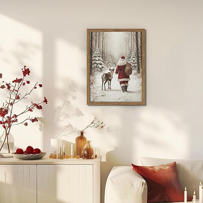 Framed Christmas Pictures Wall Decor, Santa Reindeer Winter Wall Art, Rustic Canvas Christmas Print, Winter Holidays Decor, Vintage Christmas Decorations Painting for Bedroom Living Room – 12x16in