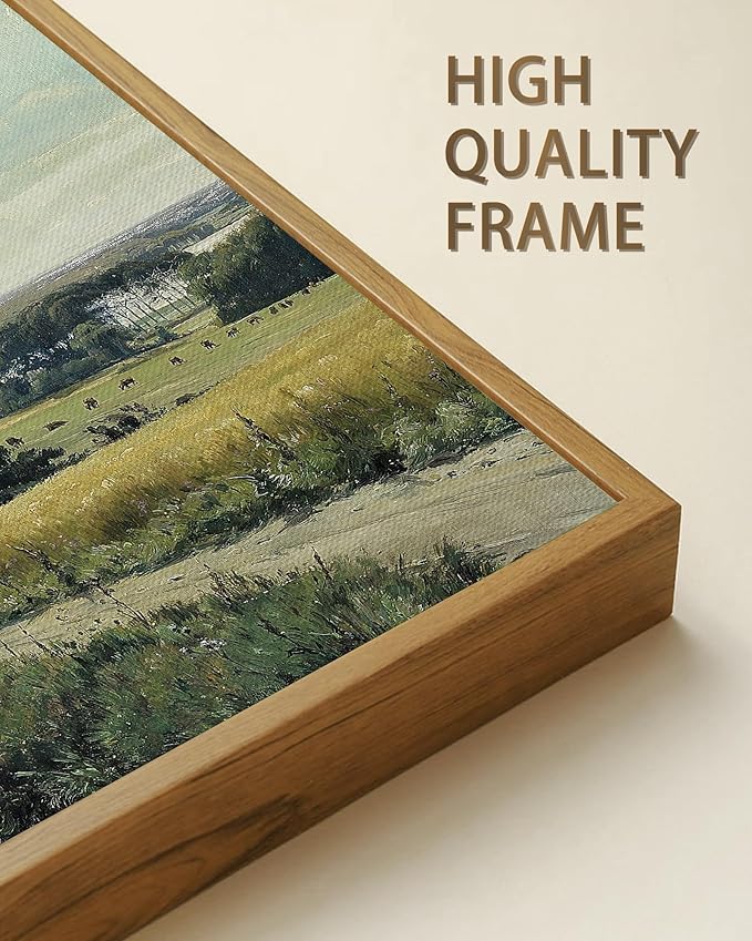 SHENIFY Vintage Landscape Framed Wall Art Rustic Countryside Meadow Farmhouse Decor Retro Grassland Painting for Kitchen Living Room Bedroom Bathroom - 8x10in Natural Framed