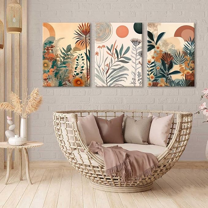 LYPHNX Framed Boho Burnt Orange Botanical Floral Canvas Wall Art Abstract Terracotta Jungle Poster Pictures Set of 3 Flower Prints Painting Home Decor for Bathroom Bedroom Living Room 12"x16"