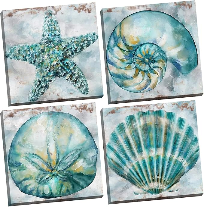 Coastal Wall Art Conch Wall Bathroom Decor Teal Vintage Beach Shell Canvas Prints Pictures Home Decoration 16x16 4Pcs/Set Rustic Watercolor Starfish Poster Painting Modern Spa Bedroom Framed Artwork