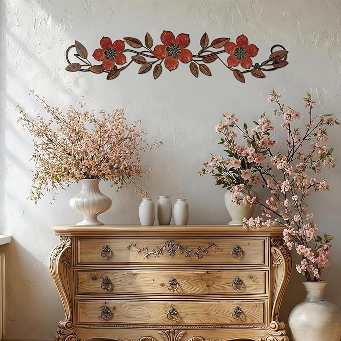 Wesiti Metal Flower Wall Decor Vintage Spring Metal Flower Wrought Iron Scroll Sculpture 15.7''x3.7'' Farmhouse Leaf Wall Decor with Nails for Spring Living Room Bedroom Indoor Outdoor(Red)