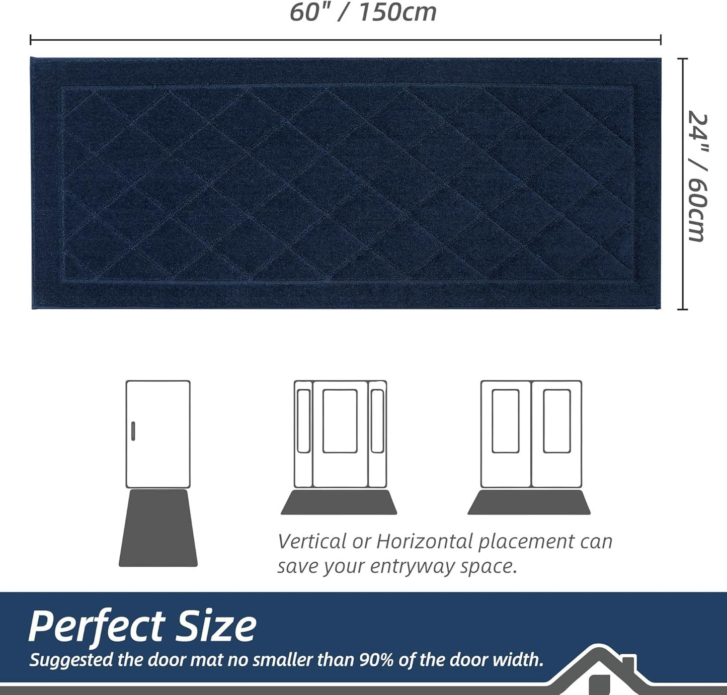 BEQHAUSE Dirt Trapper Door Mat 24" x 60", Doormat Non-Slip Entryway Rugs Washable, Dog Door Mat Stain Resistant and Absorbent Welcome Floor Mat for Front Back Door, Muddy Wet Shoes & Paws, Navy Blue