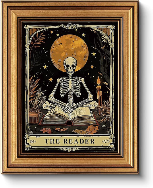 HUARCEY Gold Framed Canvas Wall Art, Skeleton Reader Tarot Picture Decor, Library Reading Room School Decor, Book Lover Witchy Gothic Halloween Canvas Paintings, 8x10inch