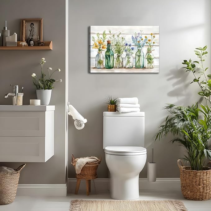 Rustic Green Bathroom Wall Art Retro Green Flower Watercolor Bottles Canvas Painting Rustic Bathroom Picture Prints Farmhouse Country Floral Wall Decor for Bedroom Living Room Ready to Hang 12x16"