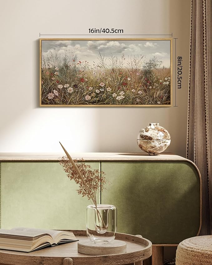 SHENIFY Vintage Landscape Framed Wall Art Meadow with Flowers Farmhouse Decor Retro Wildflower Field Scenery Painting for Kitchen Bedroom Living Room Bathroom - 8x16in Natural Framed