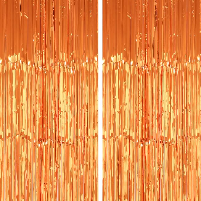2 Pack 3.2x8.2 Feet Orange Foil Fringe Backdrop Curtains, Metallic Tinsel Photo Booth Backdrop Streamers Birthday Party Decorations, Halloween Baby Shower Disco Basketball Party Supplies