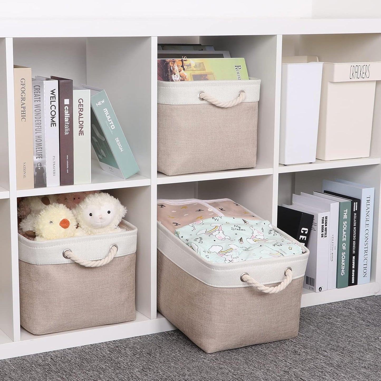 Bidtakay Large Fabric Baskets with Handles [3-Pack] Collapsible Storage Basket for Shelves 15 X 11 X 9.5 inches Canvas Bins for Closet Organization (White&Beige)