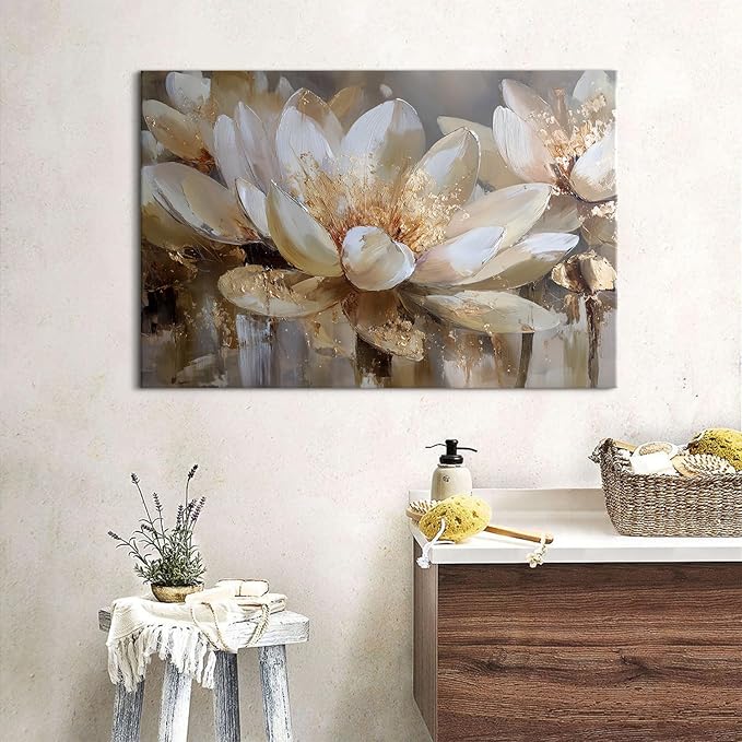Lotus Flower Wall Art Abstract Floral Wall Decor Vintage White and Gold Flowers Canvas Wall Prints for Living Room Bedroom Zen Meditation Paintings Spa Yoga Posters Artwork Office Decoration 16x24"