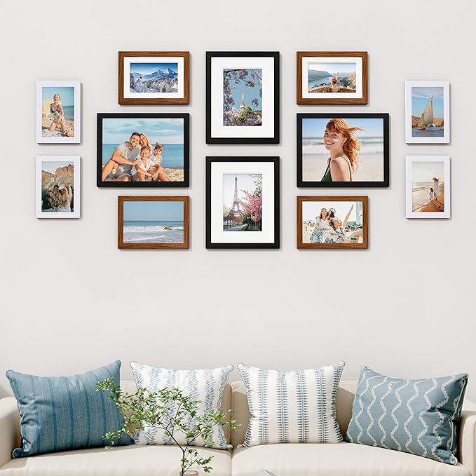 Vittanly 12 Pack Picture Frames Collage Wall Decor for Mounting or Tabletop, Gallery Wall Frame Set for Family, Multi Sizes Including 4pcs 8x10, 4pcs 5x7, 4pcs 4x6, Black & Walnut Brown & White