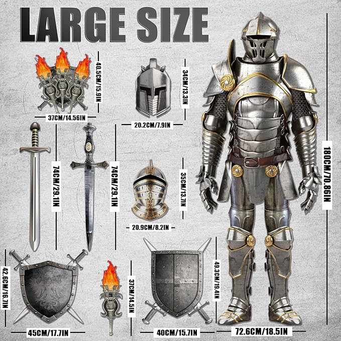 15 Pieces Medieval Party Decorations 6 Feet Jointed Suit of Armor Knight Cut Out Torch Props Medieval Shield Photo Prop for Castle Knight Renaissance Christmas Birthday Wall Decor Supplies Favors