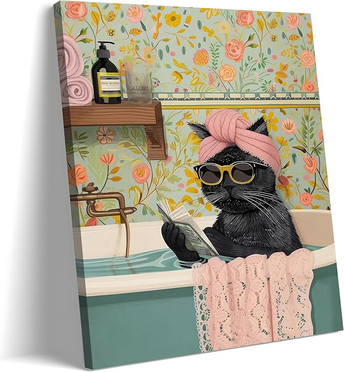Yaneiro Funny Black Cat Bathroom Canvas Bathroom Wall Art Framed Cute Cat Prints Pictures Posters Wall Decor for Living Room Bedroom Toilet Kids Room Wall Paintings 12x16 in