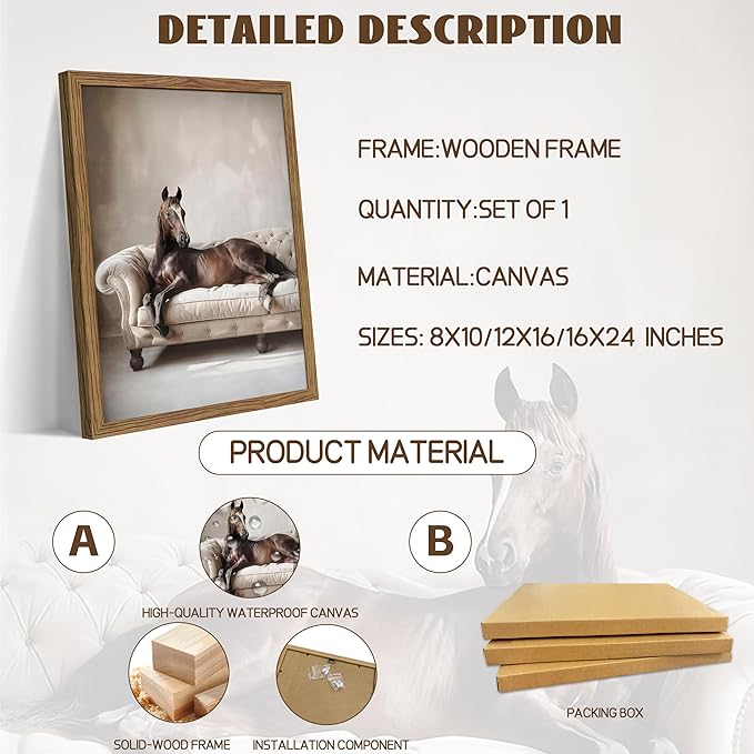Framed Funny Horse Wall Art, Vintage Brown Horse Laying on Sofa Canvas, Modern Farmhouse Western Wall Decor, Grace Animal Pictures Prints for Living Room Bedroom Office Dorm 16x24 inch
