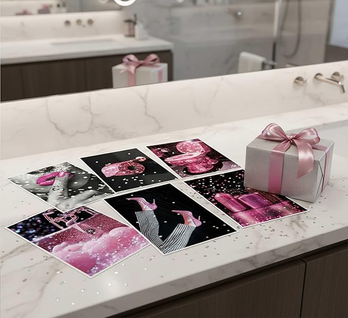 6Pcs Fashion Bathroom Canvas Wall Art Black and Pink Glam Glitter Tissue Funny Modern Women Painting Pictures Wall Decor Poster Print Artwork for Toilet Home Decoration Unframed