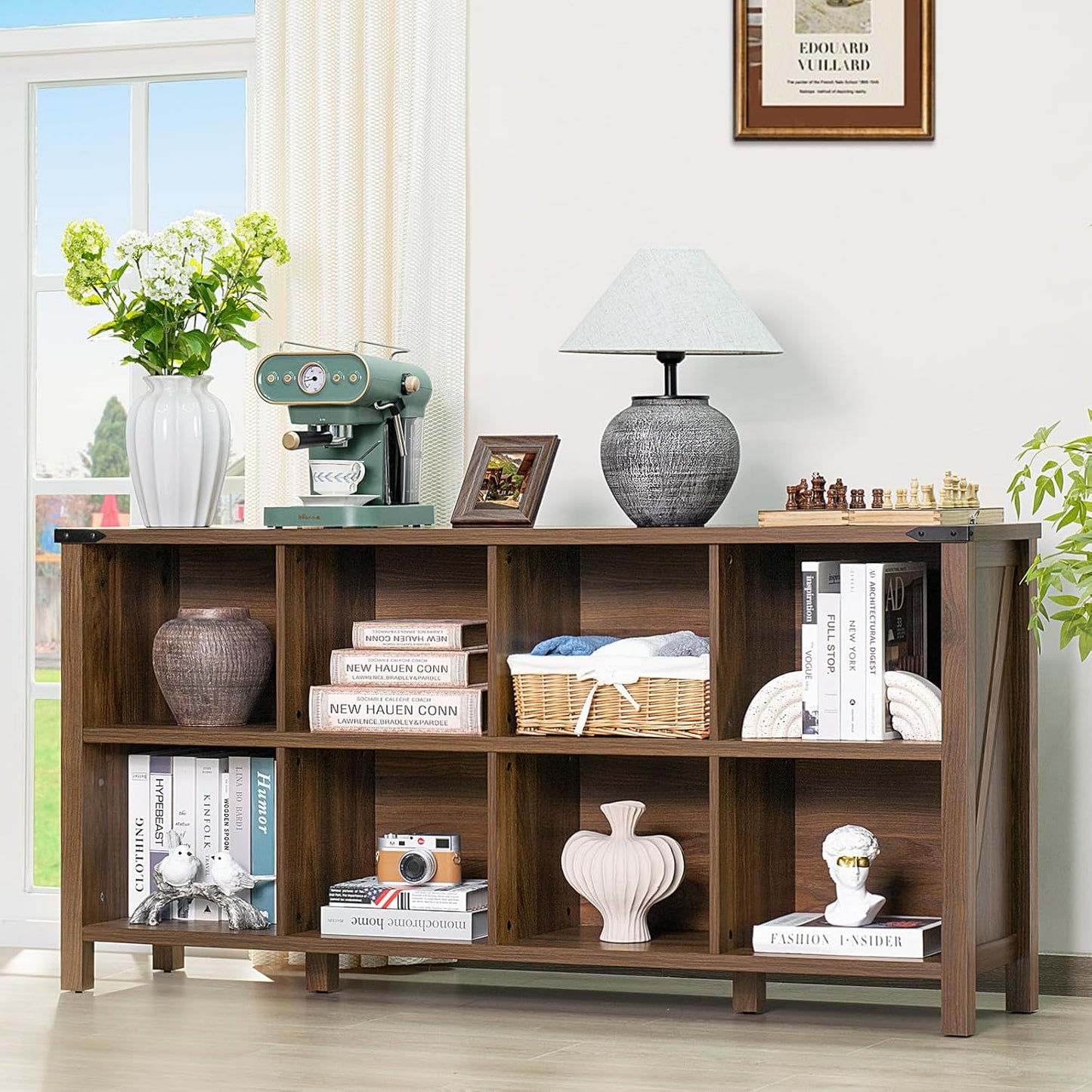 8 Cube Book Shelf, Farmhouse Wood Long Storage Organizer Bookcase, 62" Horizontal Brown Walnut Console Closet Bookshelf, Hallway TV Stand for Entryway, Display Cabinet Book Case for Office