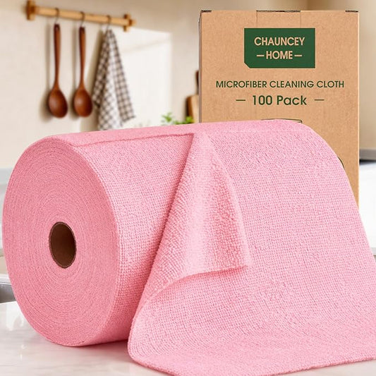 Microfiber Cleaning Cloth Roll - 100 Pack Tear Away Microfiber Paper Towels, Reusable, Washable, Scratch-Free, Kitchen Towels for Car, Home, Kitchen, Glass, Dishes(Pink)