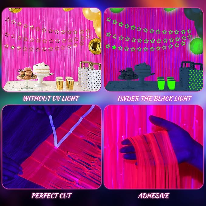 2 Pack Glow in The Dark Party Streamers, Neon Party Decorations Fluorescent Macaron Fuchsia Tinsel Foil Fringe Curtains, Photo Booth Prop Backdrop Streamers, Birthday Halloween Party Decorations
