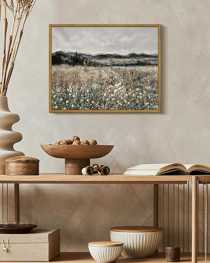 SHENIFY Vintage Landscape Framed Wall Art Meadow Flowers Farmhouse Decor Retro Classic Painting for Kitchen Living Room Bedroom Bathroom - 11x14in Natural Framed