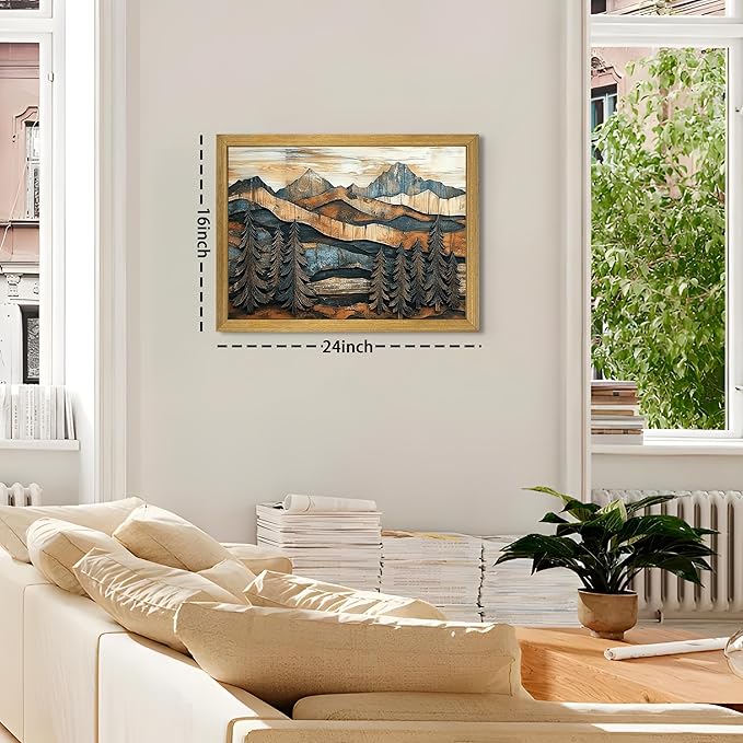 Vintage Boho Mountain Wall Art, Framed Landscape Canvas Wall Art, Nature Forest Wall Decor, Rustic Farmhouse Print Poster Painting for Living Room Bedroom Dining Room 16x24 Inch