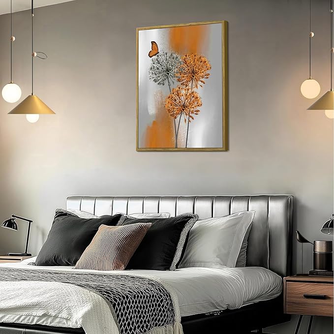 LB Orange Dandelion Framed Wall Art with Butterfly - Modern Orange Grey Canvas Wall Art for Home Contemporary Aesthetic Wall Decor for Home, Ready to Hang 17x12 Inch, Living Room Bedroom Bathroom Decor