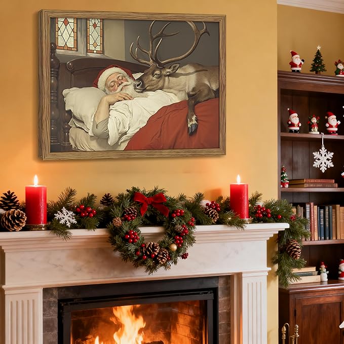 Framed Santa Christmas Wall Decor, Vintage Santa Reindeer Wall Art, Rustic Christmas Pictures Decor, Winter Holiday Paintings Artwork, Christmas Canvas Print for Home Decorations – 12x16in
