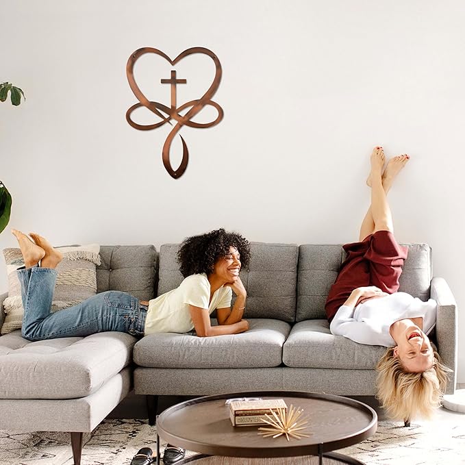 Metal Infinity Heart Cross Wall Decor, Unique Cross Decorative Wall Art, Heart And Love Sign Wall Plaques, Love Gift For Adult Home Wedding, Decor Room Bedroom Living Room Decoration (Bronze)
