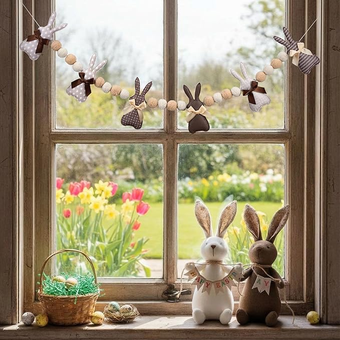 8.2 ft Felt Easter Bunny Garland 3D Rustic Cute Rabbit Pom Ball Banner Neutral Brown Vintage Decorative Hanging Bunting Garland for Mantel Fireplace Window Wall Home Farmhouse Decor
