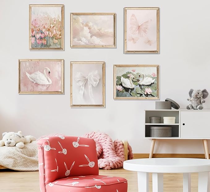 6Pcs Coquette Wall Art Pastel Pink Trendy Canvas Bow Posters White Swan Preppy Painting Butterfly Pictures Aesthetic Floral Prints Nursery Wall Decor for Teen Girls Bedroom College Dorm Unframed