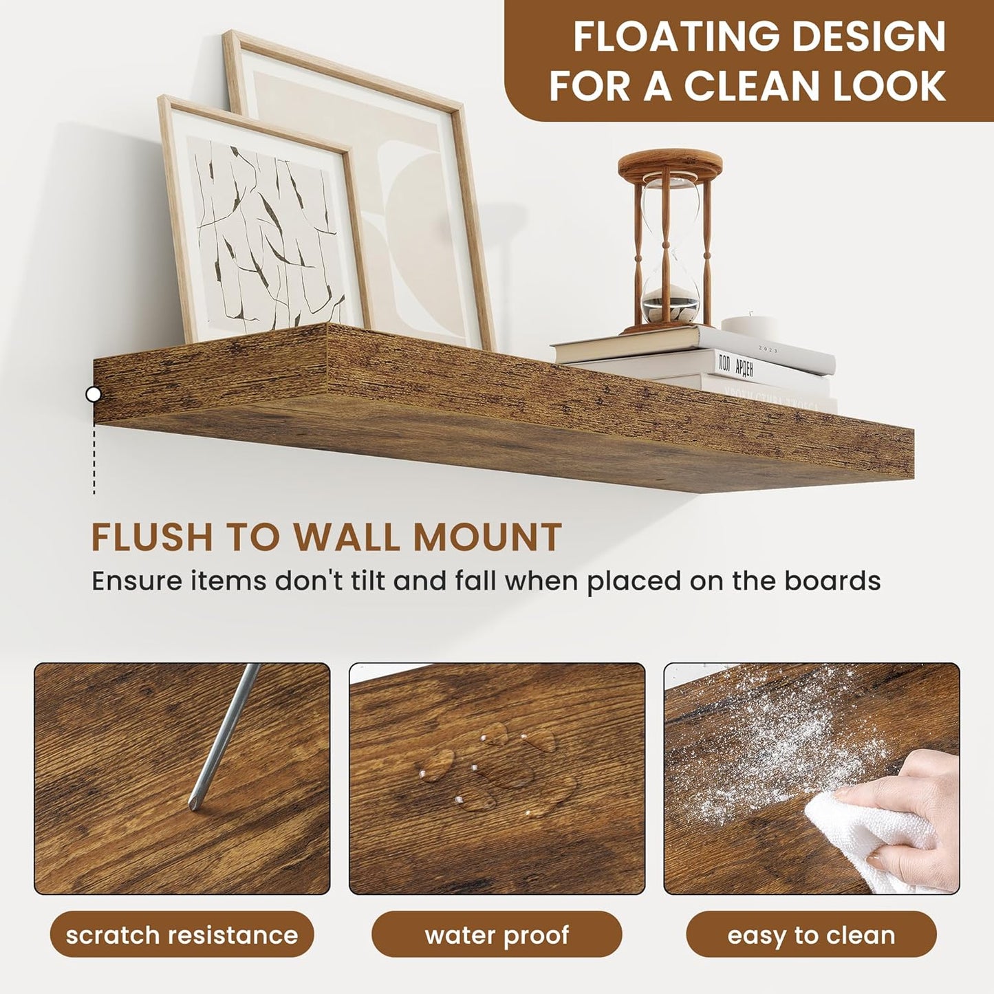 fuqing Floating Shelves for Wall, Bathroom Shelf Wall Mounted for Storage, Shelves with Invisible Bracket for Bedroom, Kitchen, Living Room, Farmhouse Small Book Shelf, 24 Inch Set of 2, Rustic Brown