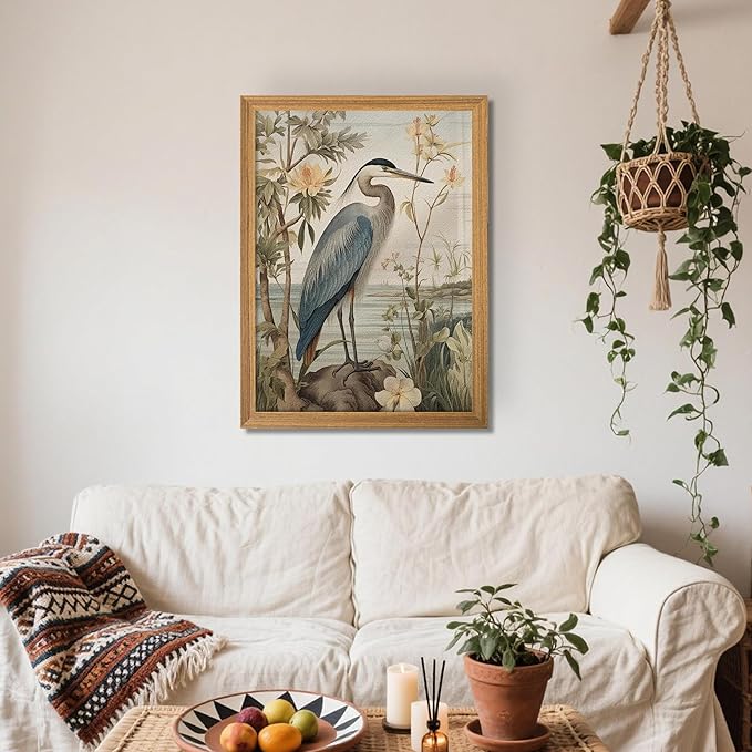 Framed William Morris Heron Wall Art, Vintage 3D Textured Botanical Wall Decor, Hand Drawn Sandstone Wildlife Picture Artwork, Modern Farmhouse Decor for Bedroom Living Room 12x16 inch