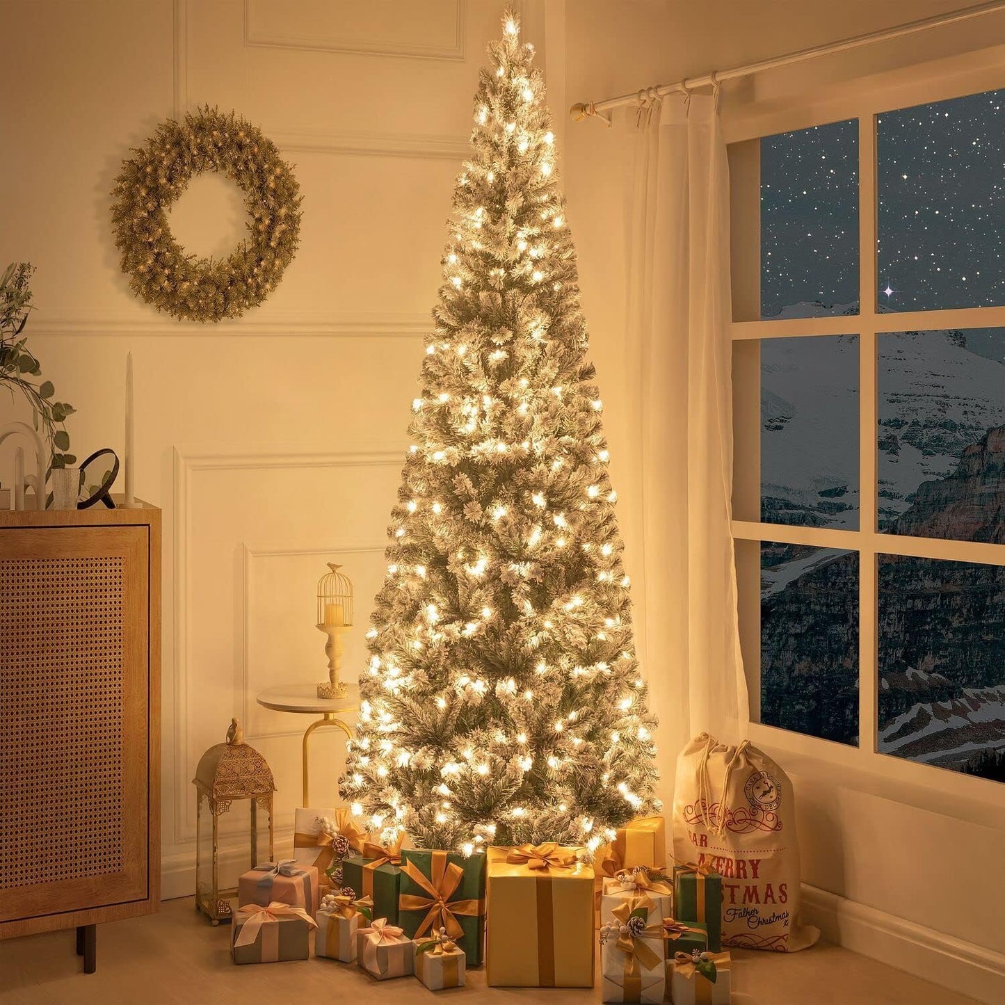 Naomi Home Salzburg 9ft Frosted Prelit Slim Artificial Christmas Tree with 1455 Branch Tips, 500 Warm Lights and Metal Stand, 37" Wide Realistic Snow Flocked Skinny Pencil Christmas Tree