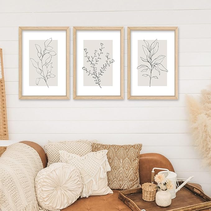 YWJKWLGS Neutral Botanical Prints Framed Wall Art Decor 16x24 Inch Set of 3 Boho Plant pictures Sign minimalist Vintage for Bedroom Office bathroom Wall Hanging (Wood)